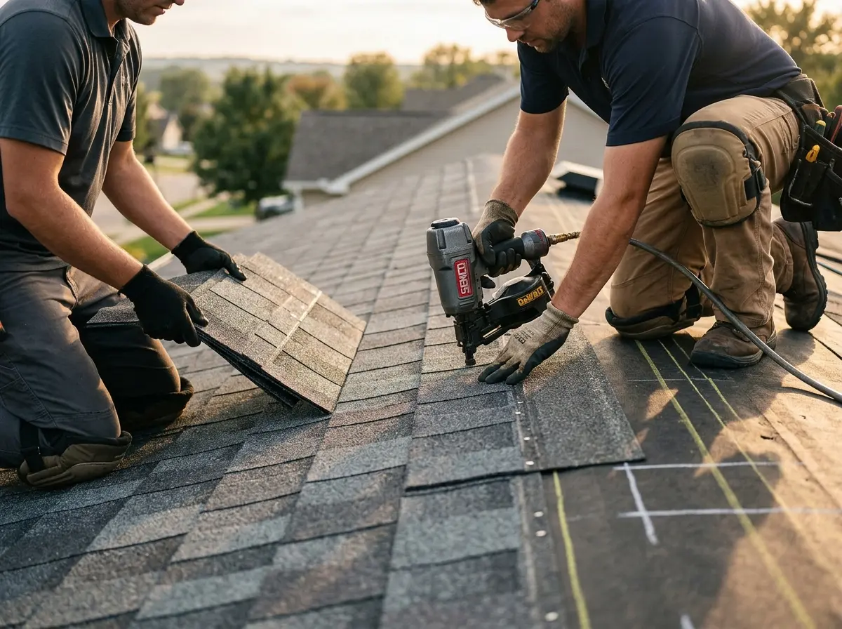Professional roofer working on a residential roof in Paradise